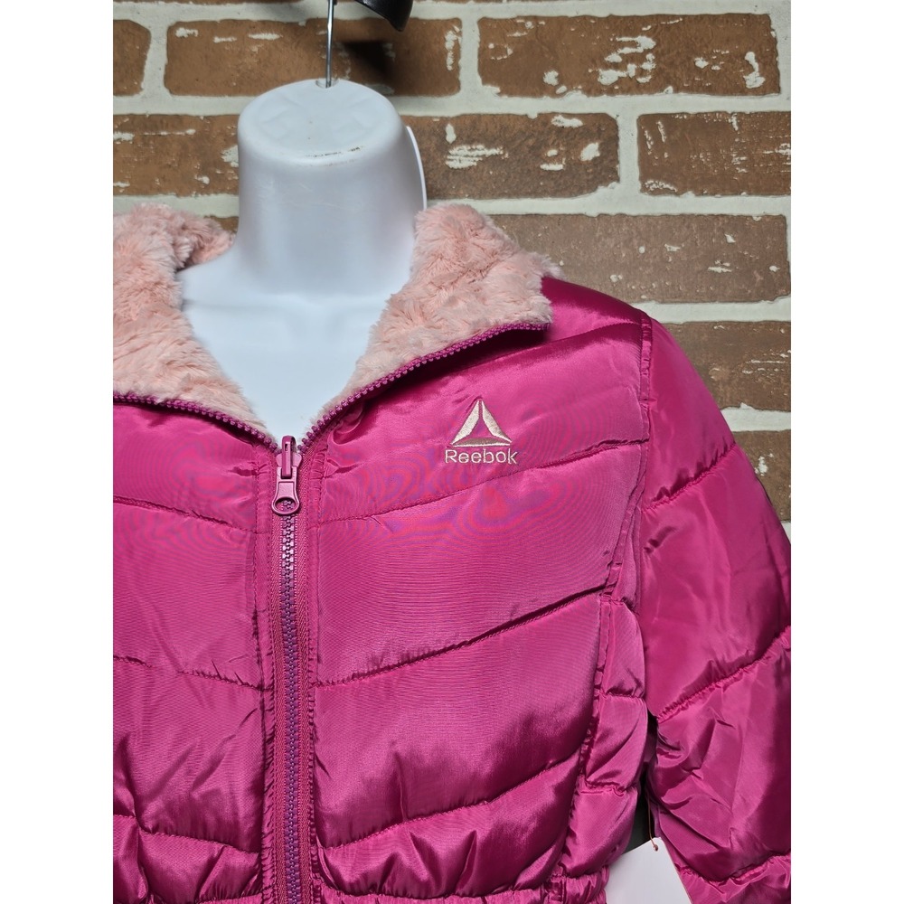 Reebok Reversible Puffer‎ Jacket Girl's And Pink Faux Fur Winter Coat Sz 14/16
